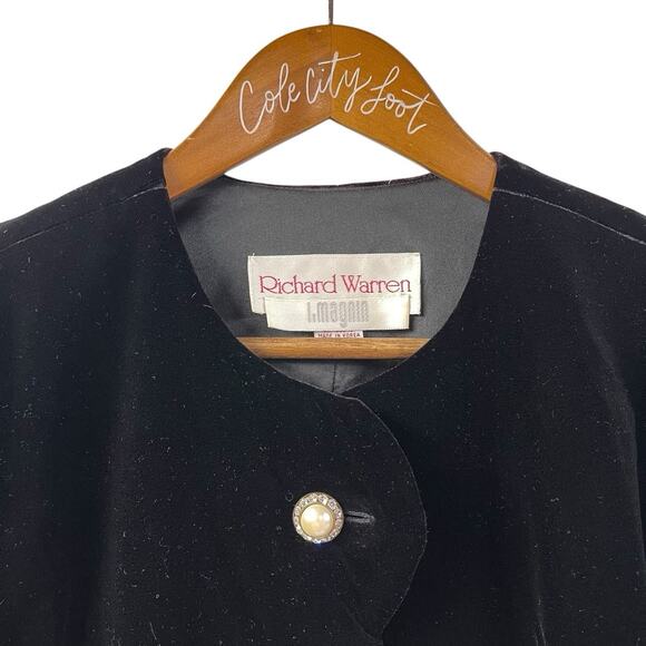 Velvet Black Velvet Scalloped Blazer Top Rhinestone Pearl Buttons Vintage - Picture 2 of 8